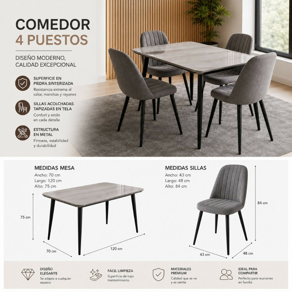 Comedor piedra sinterizada 4 puestos Gris Wencelao
