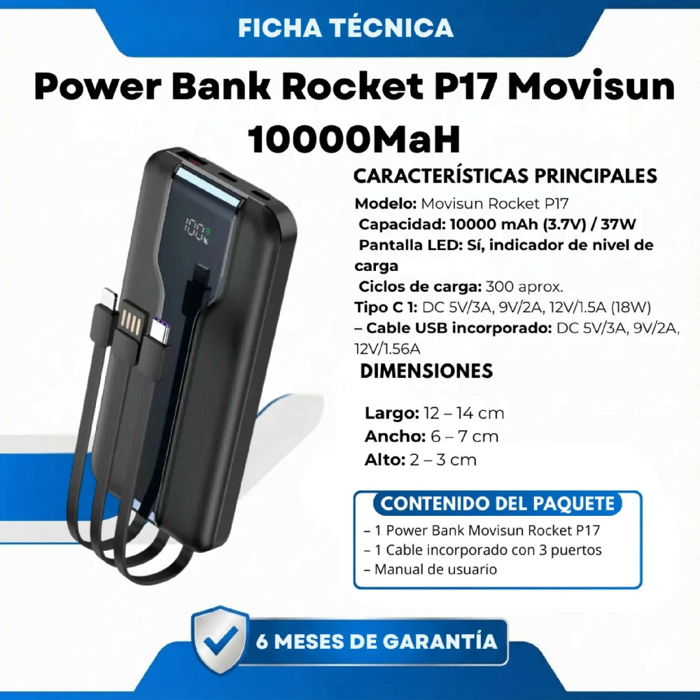 Power Bank Rocket P17 Movisun 10000MaH Con Carga Rápida Y Salida Triple