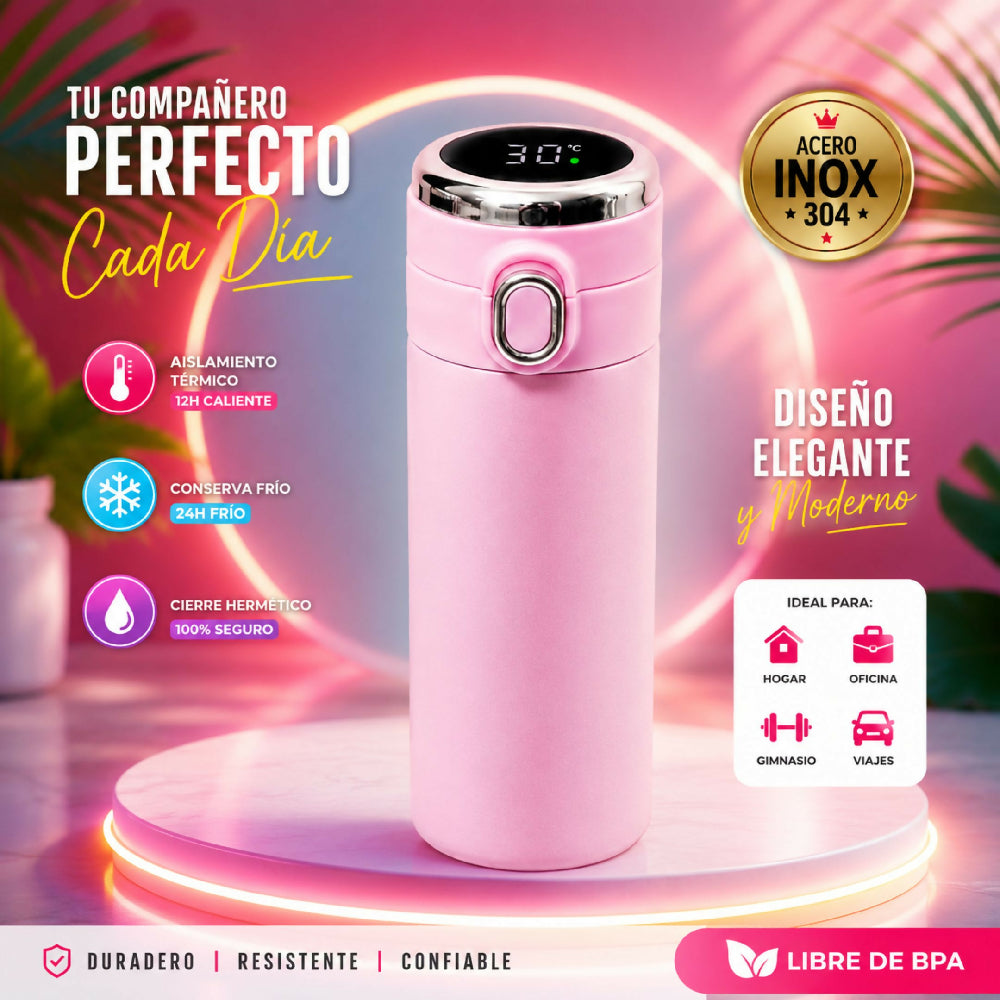 Termo Rosado Digital Inteligente Acero Inoxidable Con Pantalla Sensor