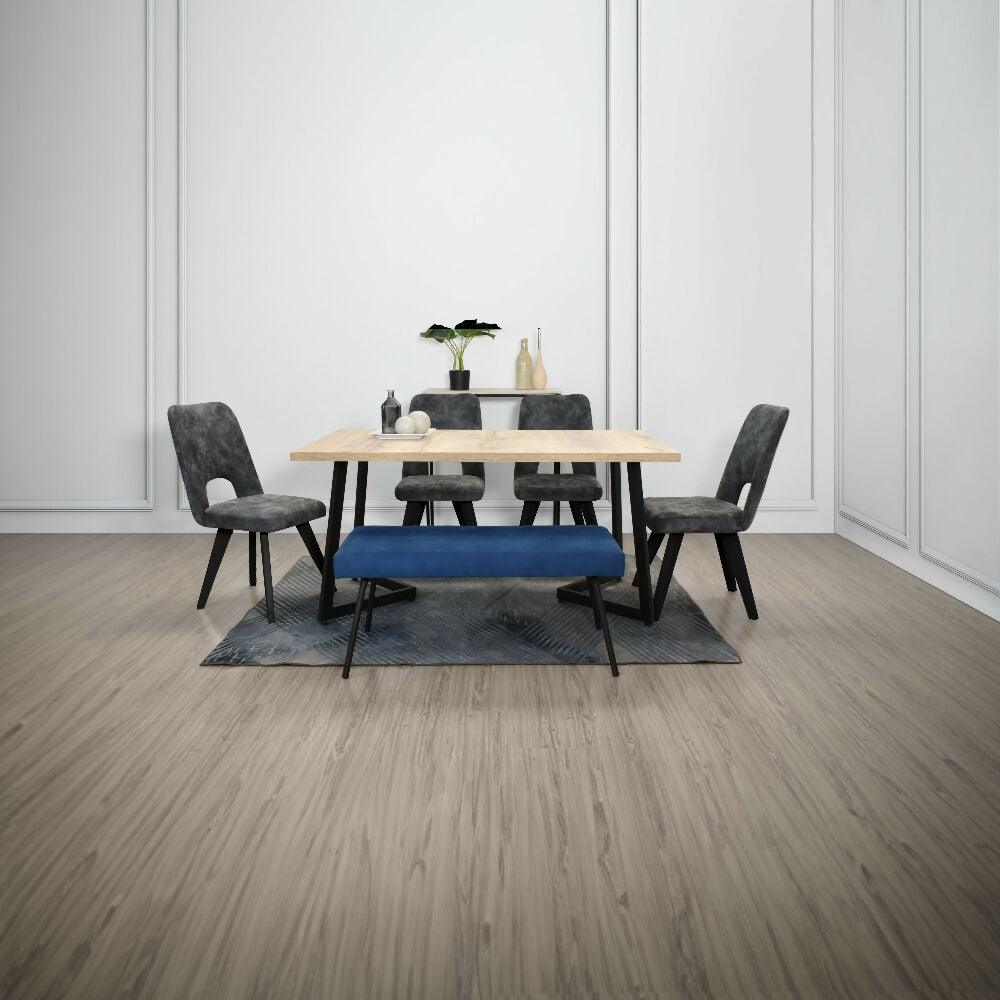 Comedor Rio 6 Puestos Sillas Leira y Butaco Tela Gris Azul