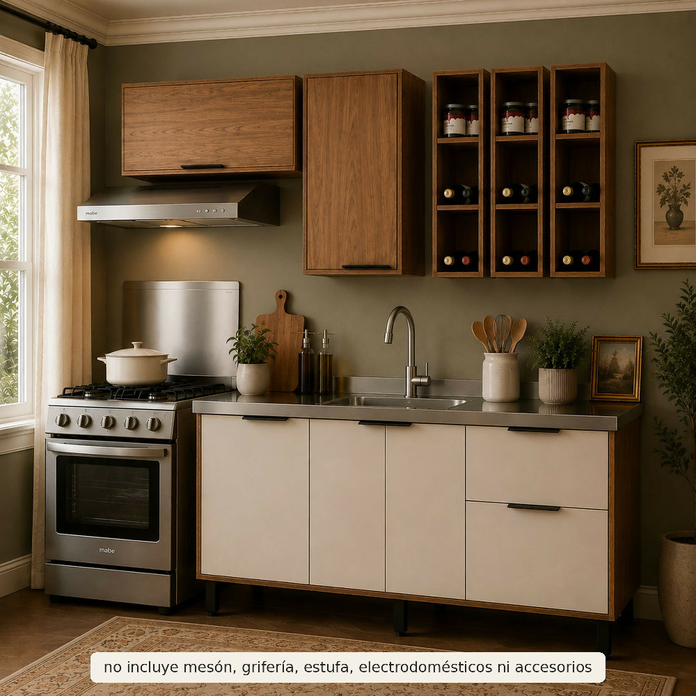 Cocina 180 cm Bahamas 4 Puertas 2 Cajones - Almendra/Blanco Apagado