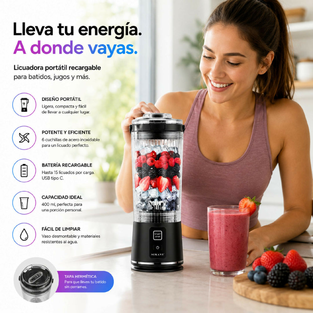Licuadora Portátil Recargable USB Sokany SK 01023 Para Batidos