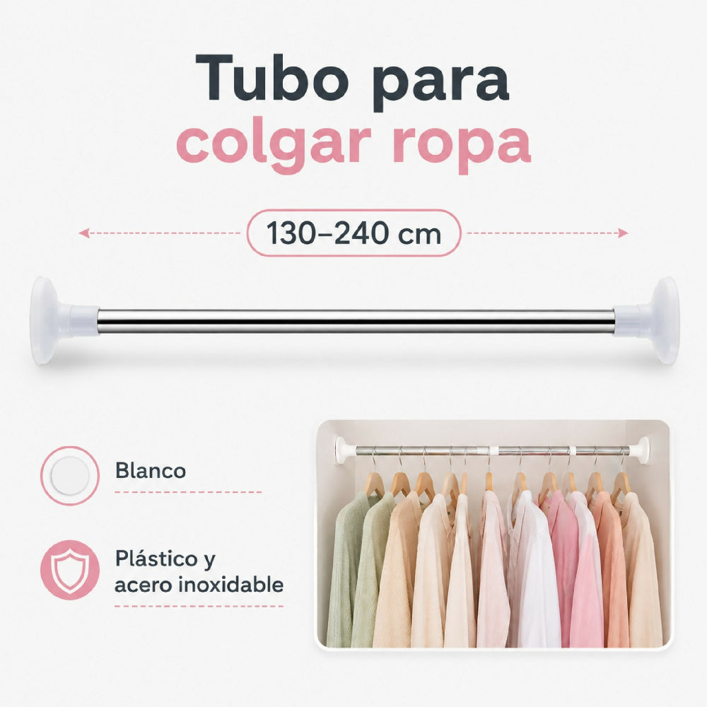 Tubo Para Colgar Ropa Ajustable Extensible 130-240 Cm De Presion Tendedor