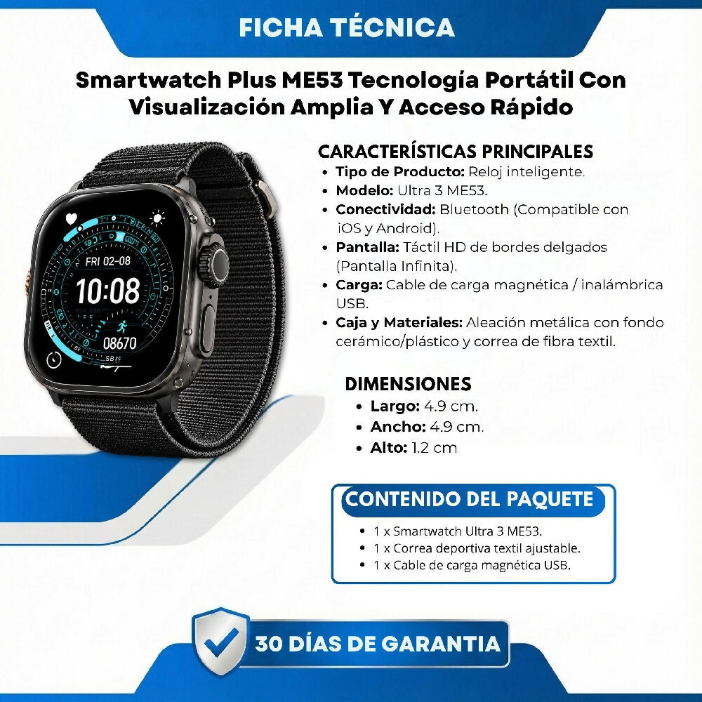Smartwatch Plus ME53 Tecnología Portátil Con Visualización Amplia Y Acceso Rápido Negro