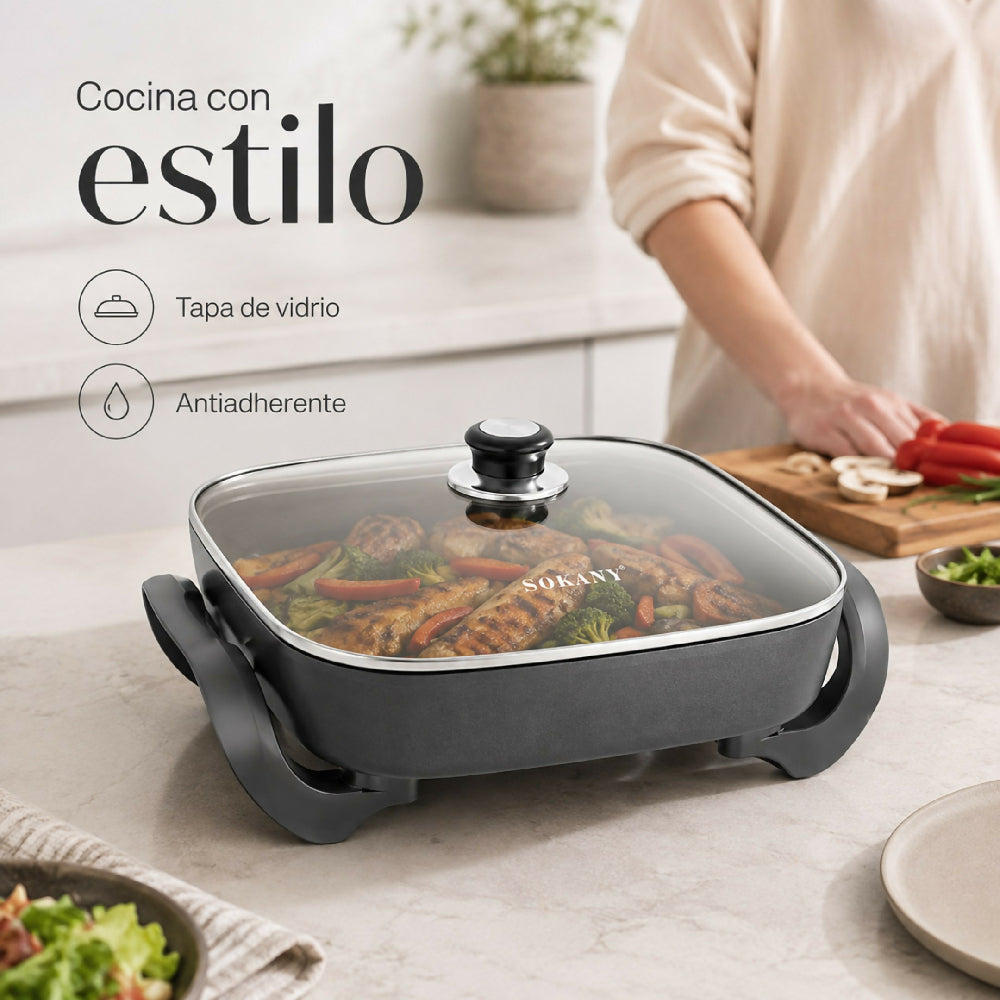 Olla Sarten Electrica Sokany Antiadherente Multiusos 1500W Multifuncional