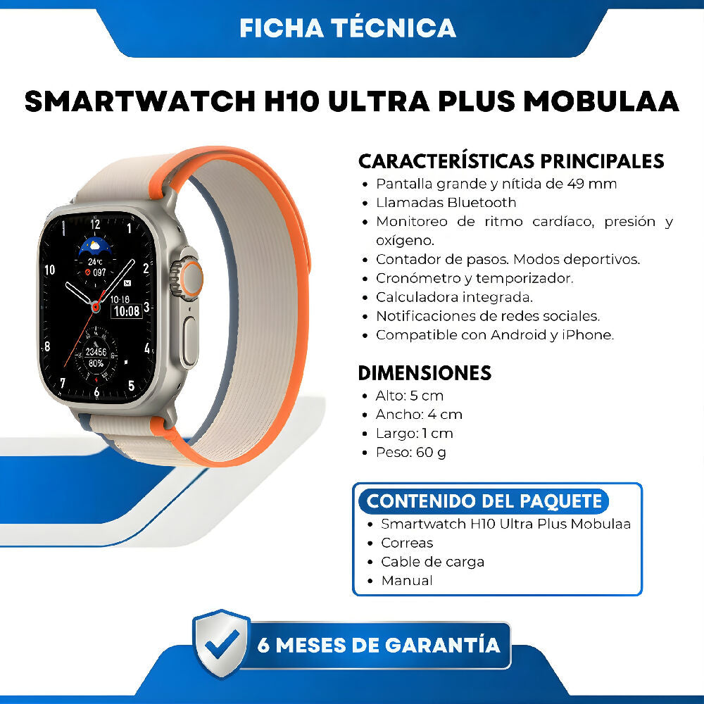 Smartwatch H10 Ultra Plus Mobulaa Bluetooth Reloj Inteligente Con Pantalla Grande, Notificaciones Y Batería Duradera