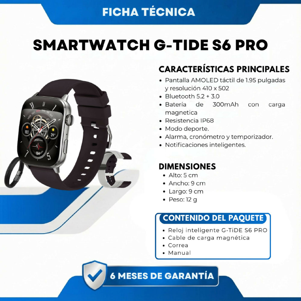 Smartwatch G-Tide S6 Pro Negro Reloj Inteligente Con Llamadas Bluetooth, Resistente Al Agua