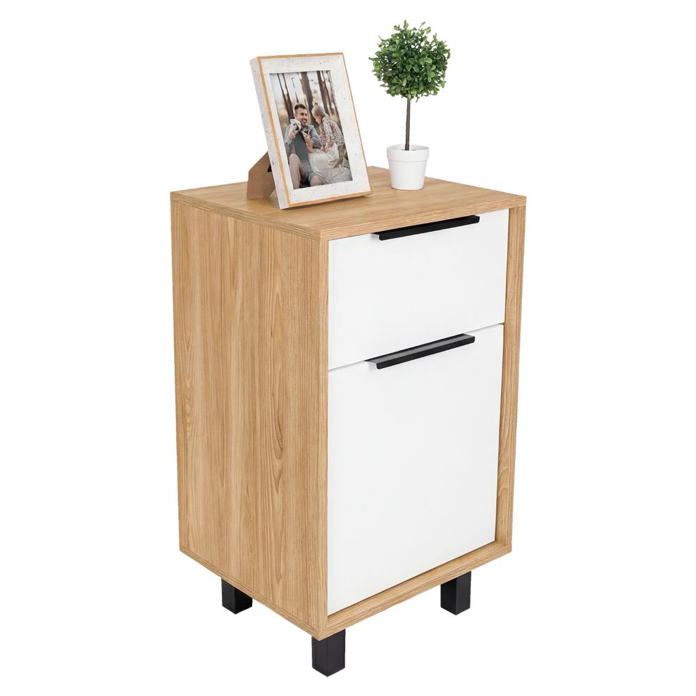 Mesa de Noche Wesley, Fresno Europeo y Blanco, con Una Puerta y Un Cajón Organizador X2