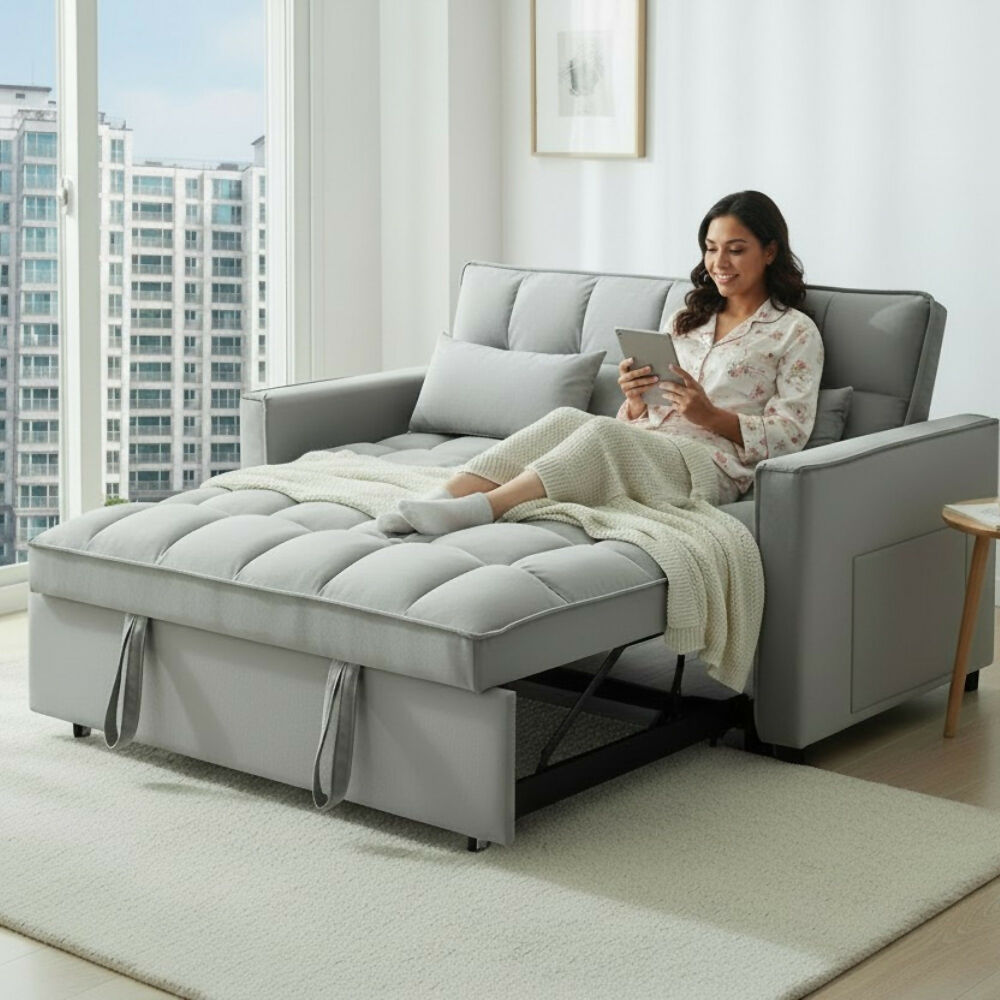 Sofá Cama 2 Puestos Gris Tela Aeidi