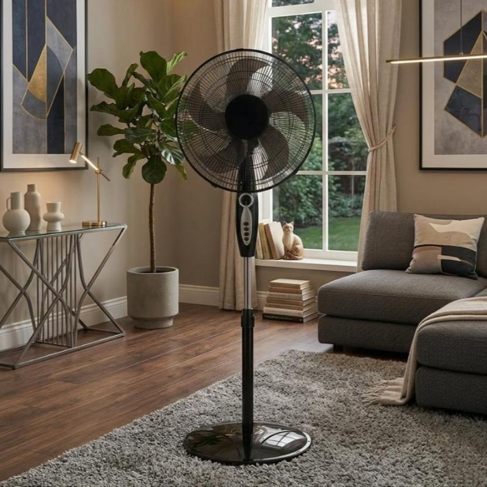 Ventilador Regency 16, Negro, En Pedestal, Con Temporizador y 3 Velocidades