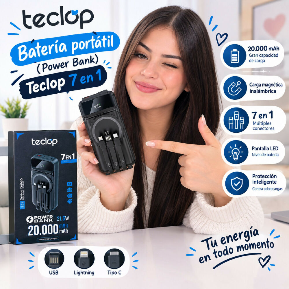 Cargador Portatil Power Bank 20.000 MaH Con Cables Integrados 7 En 1 Bateria