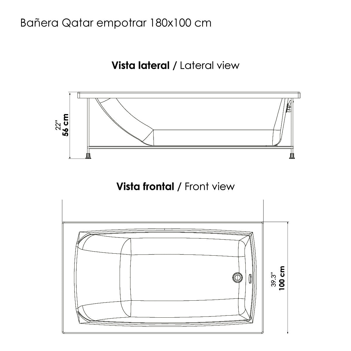 Tina Qatar De Empotrar  180X100 Con Cascada Grande