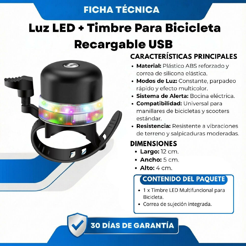 Luz LED + Timbre Para Bicicleta Recargable USB