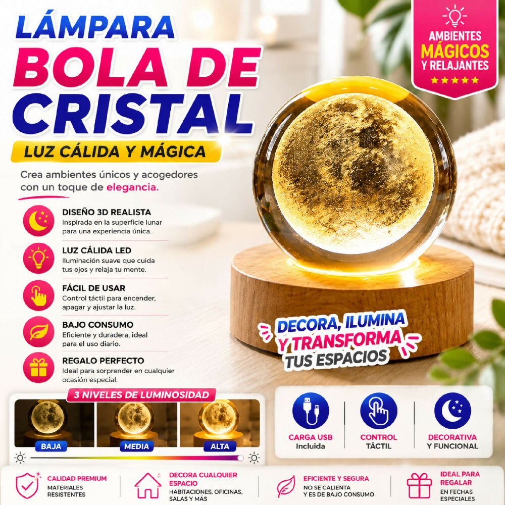 Lámpara Proyector Bola De Cristal LED Con Base Madera Conexión USB