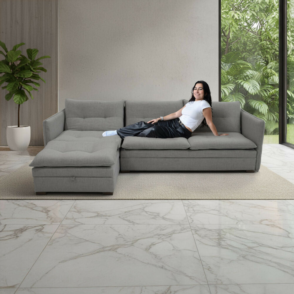 Sofa Cama en L Napoles 269x146x80 Con Baul Derecho Tapizado Gris