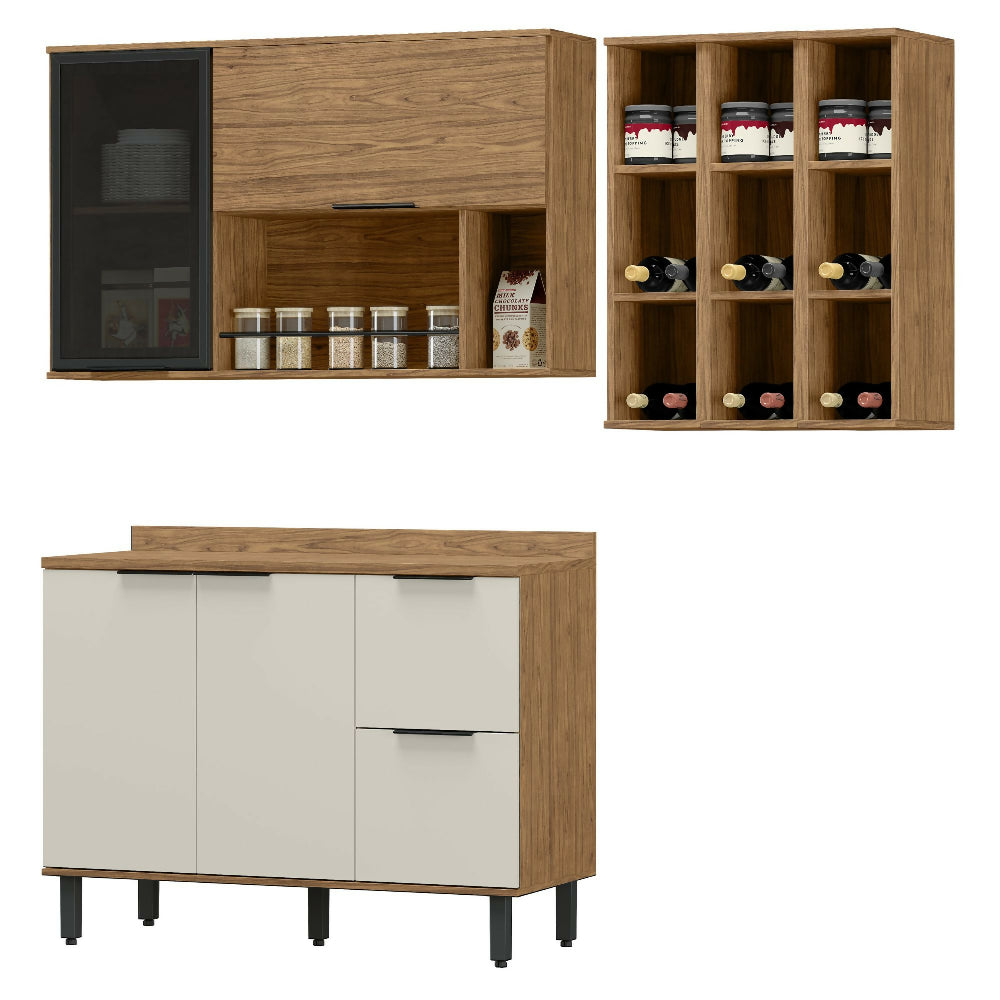 Cocina 180 cm Ibiza 3 Puertas 2 Cajones - Natural/Blanco Apagado