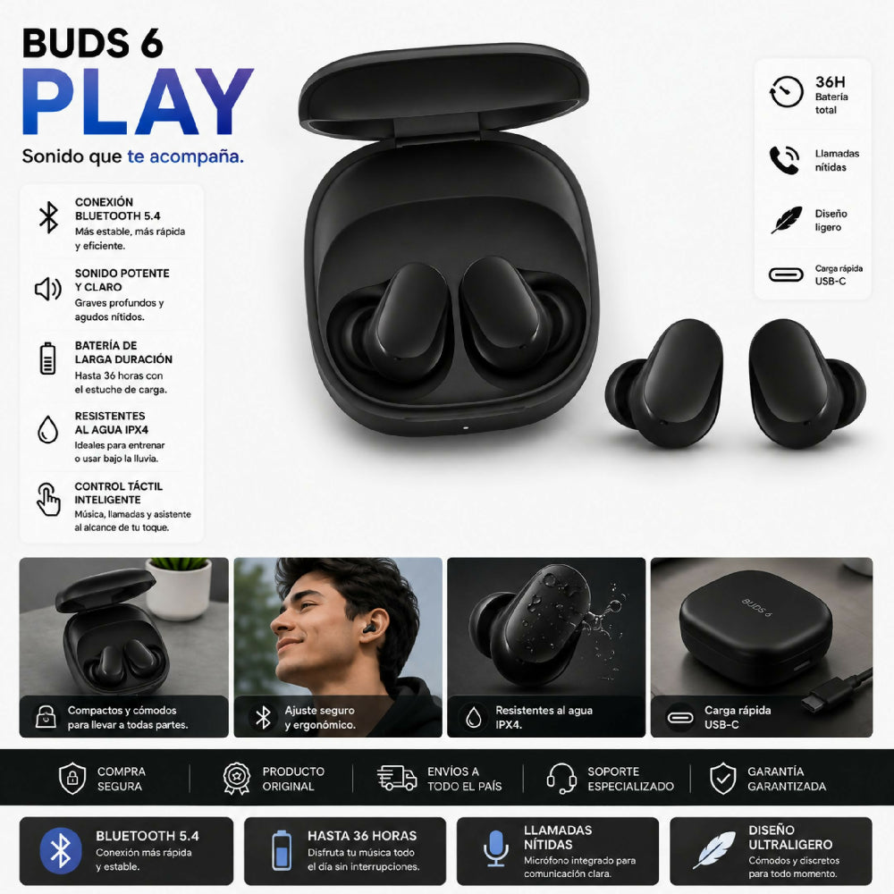 Audífonos Inalámbricos Redmi Buds 6 Play Negro Bluetooth Originales
