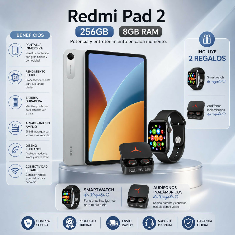 Tablet Redmi Pad 2 Wi-Fi 256GB 8GB RAM + Obsequios Audífonos Y Smartwatch Gris