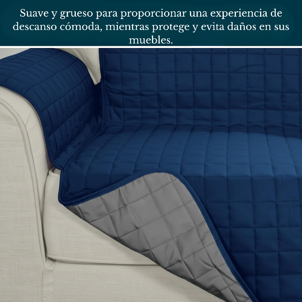 Protector de Sofá 1 Puesto Acolchado Doble Faz Unicolor Azul Oscuro y Gris