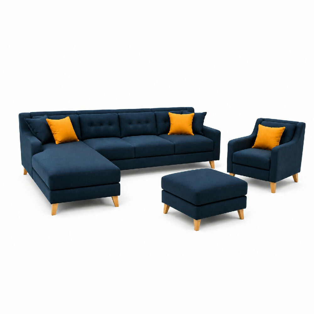 Sofá en L Texas Izquierdo con Poltrona Tela Antifluidos Azul 4 Puestos 260x75x80