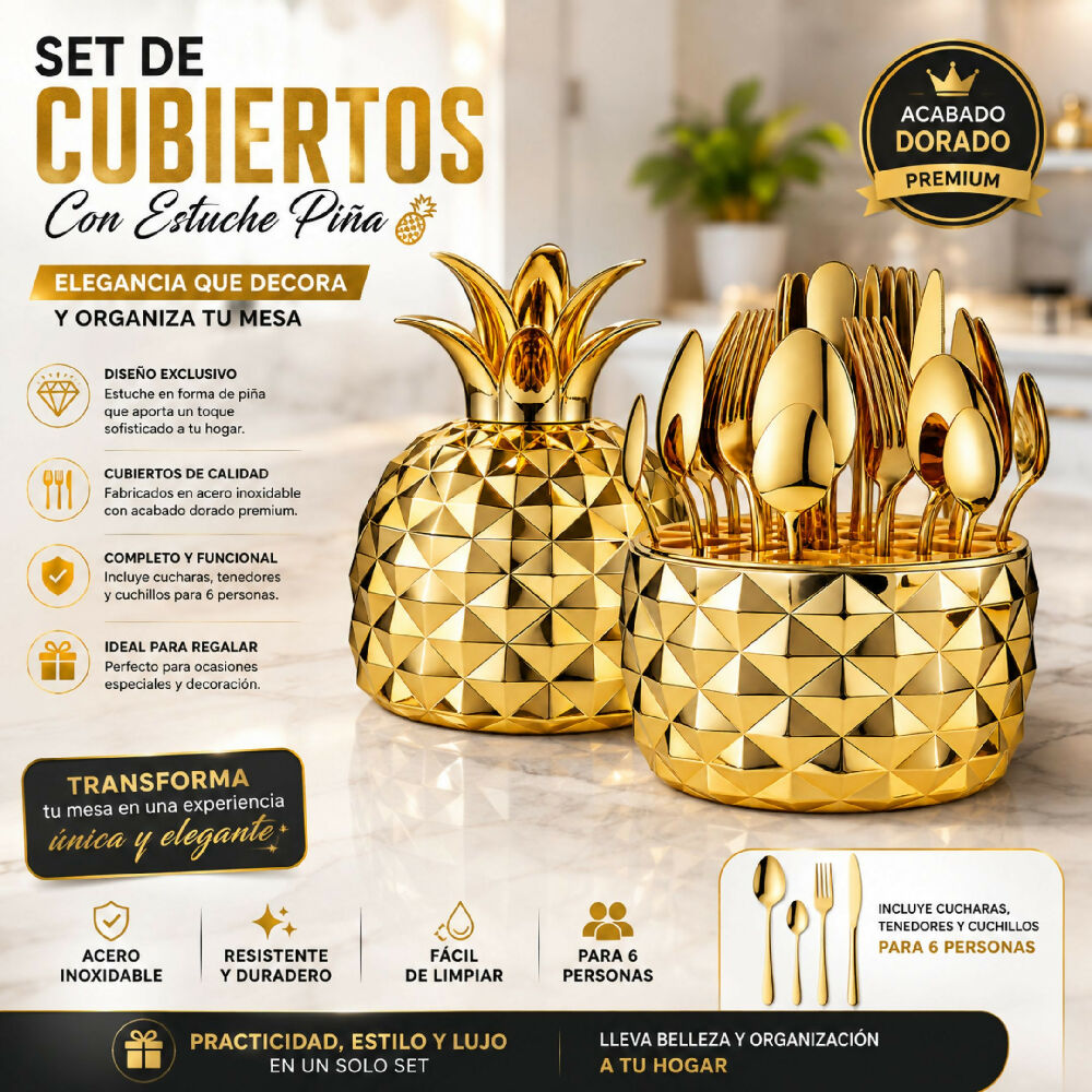 Juego De Cubiertos Con Base Piña Dorada 24 Piezas En Acero Inoxidable