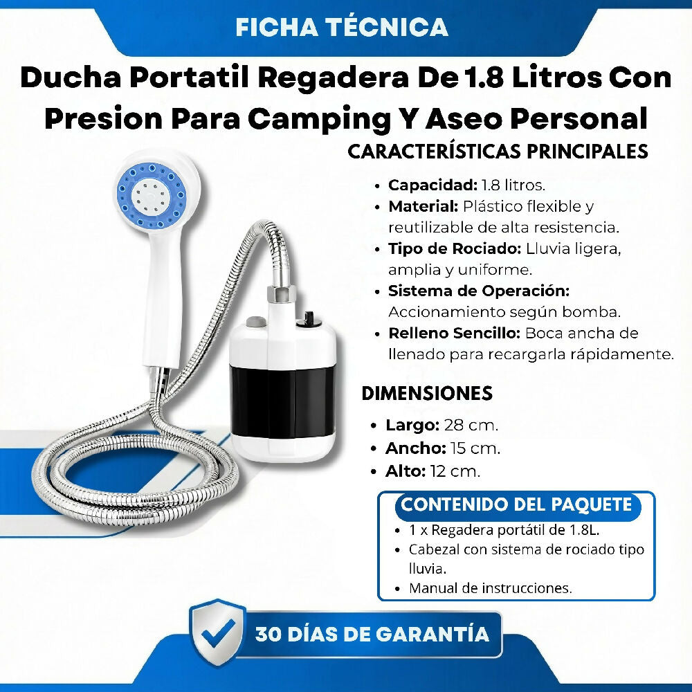 Ducha Portatil Regadera De 1.8 Litros Con Presion Para Camping Y Aseo Personal
