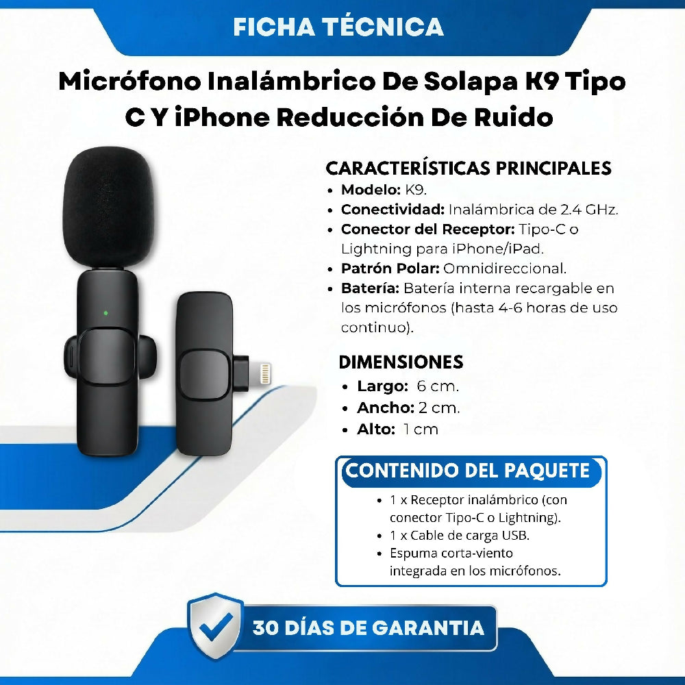 Micrófono Inalámbrico De Solapa K9 Tipo C Y iPhone Reducción De Ruido