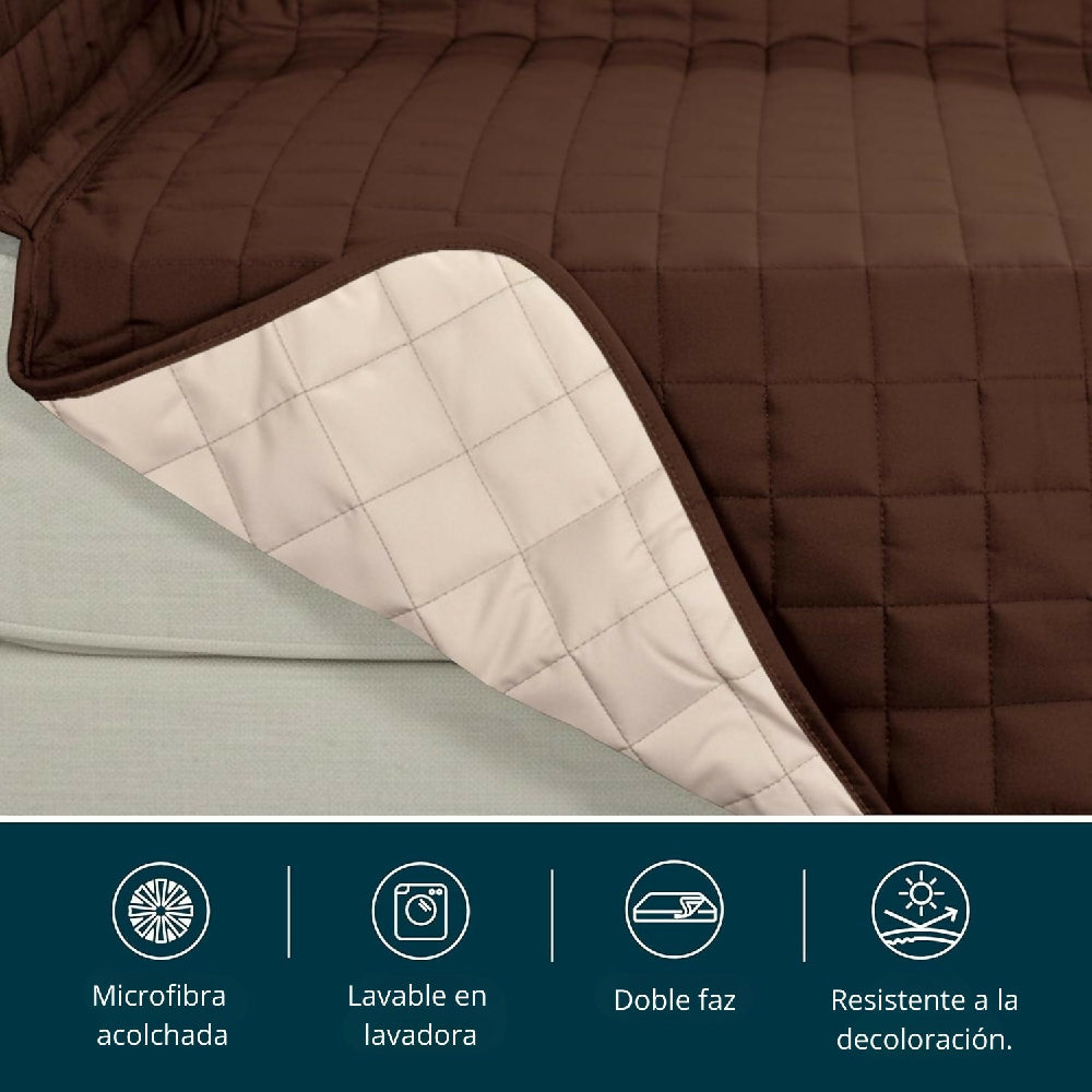 Protector de Sofá 3 Puestos Acolchado Doble Faz Unicolor Café y Camel