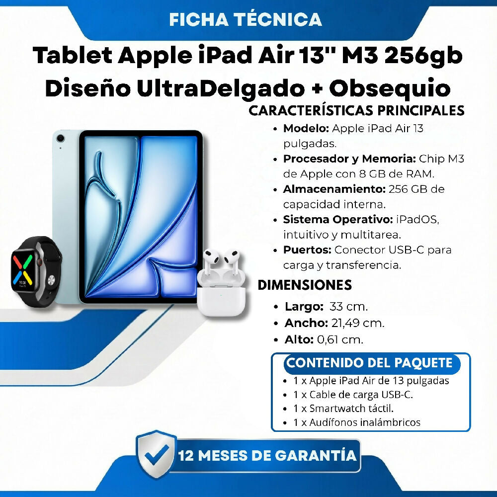 Tablet Apple iPad Air 13'' M3 256gb Diseño UltraDelgado Celeste + Obsequio