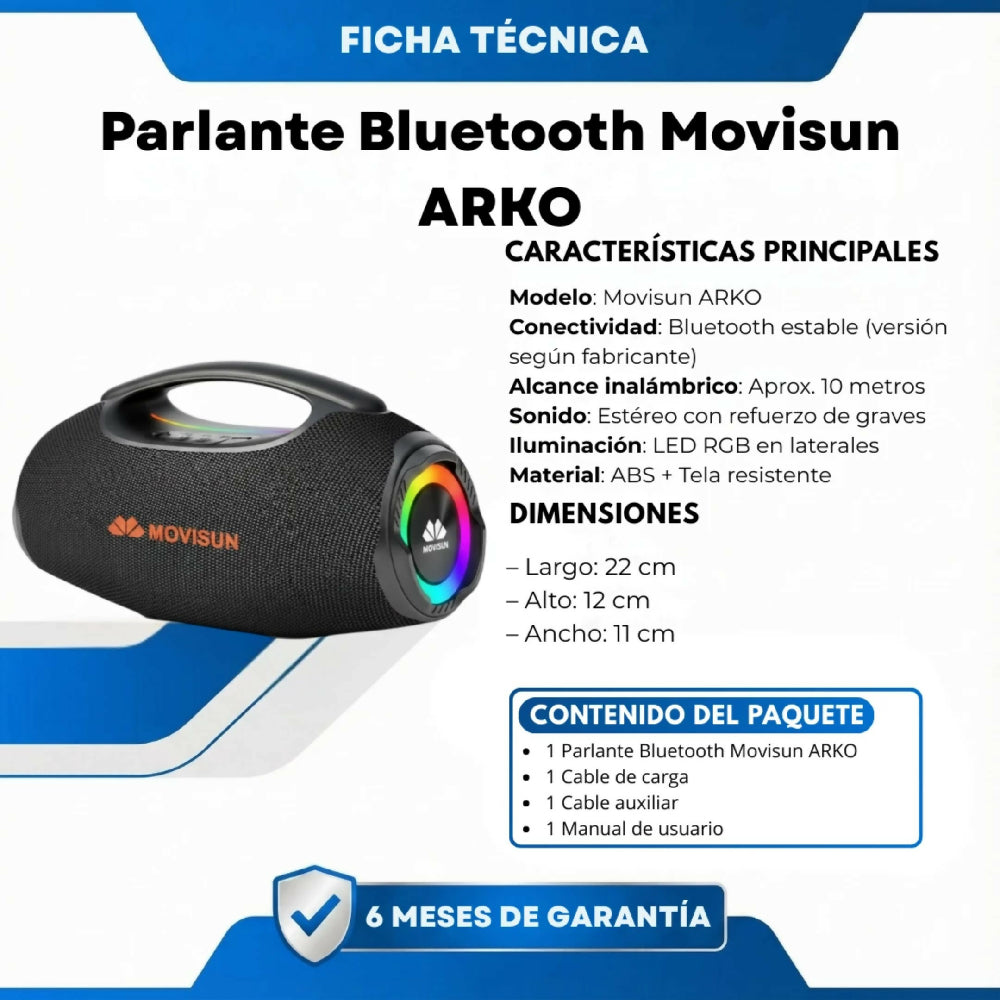 Parlante Bluetooth Movisun ARKO Con Batería De Larga Duración