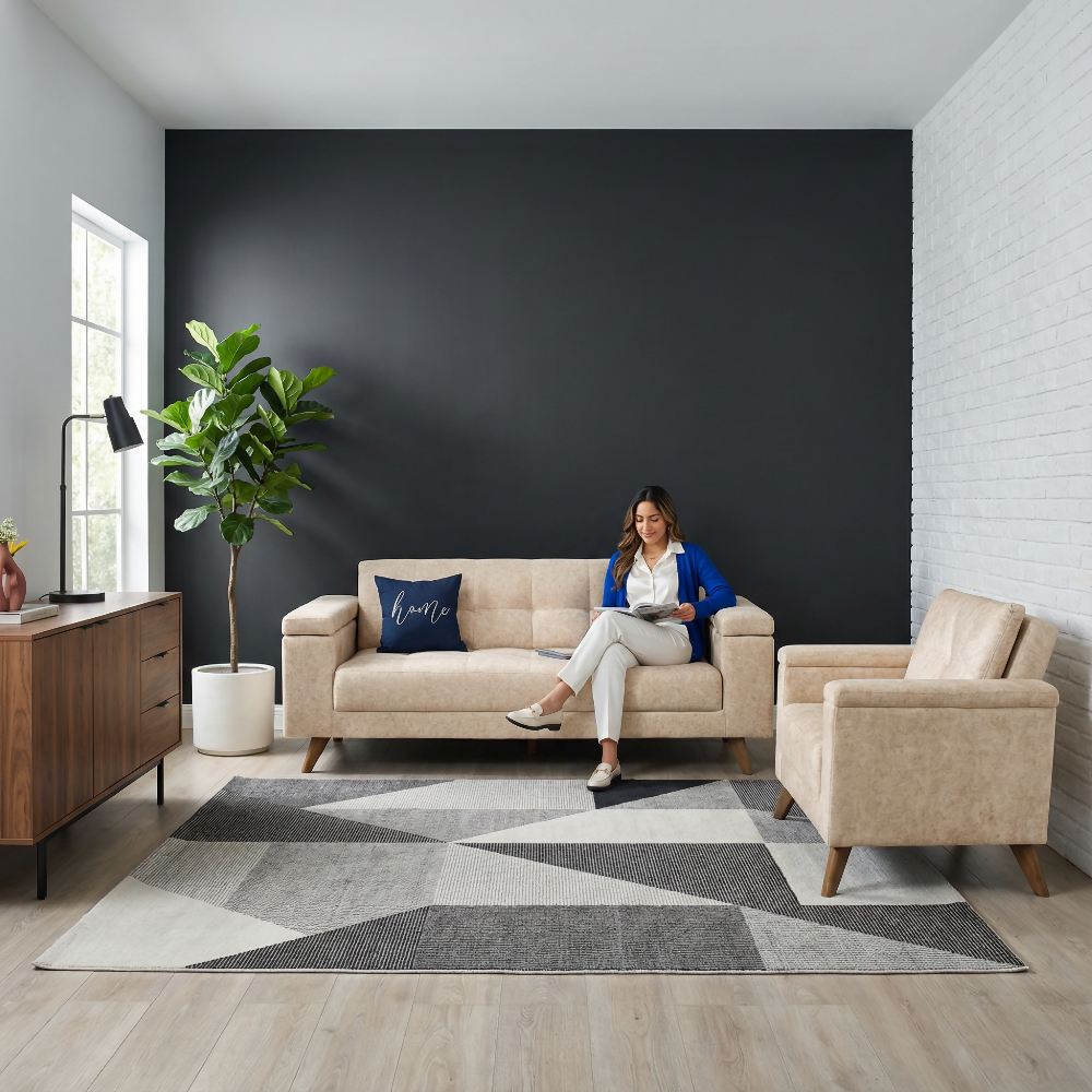 Set de sala con Sofa Cama Moretto Poltrona Carter Tela Beige mas mesa de Centro Nova