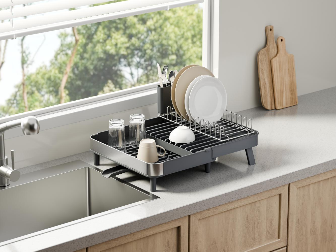 Escurridor De Platos Brillora, Gris Oscuro, Metalico Cromado Expandible