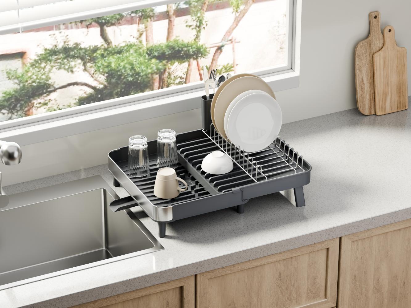 Escurridor De Platos Brillora, Gris Oscuro, Metalico Cromado Expandible