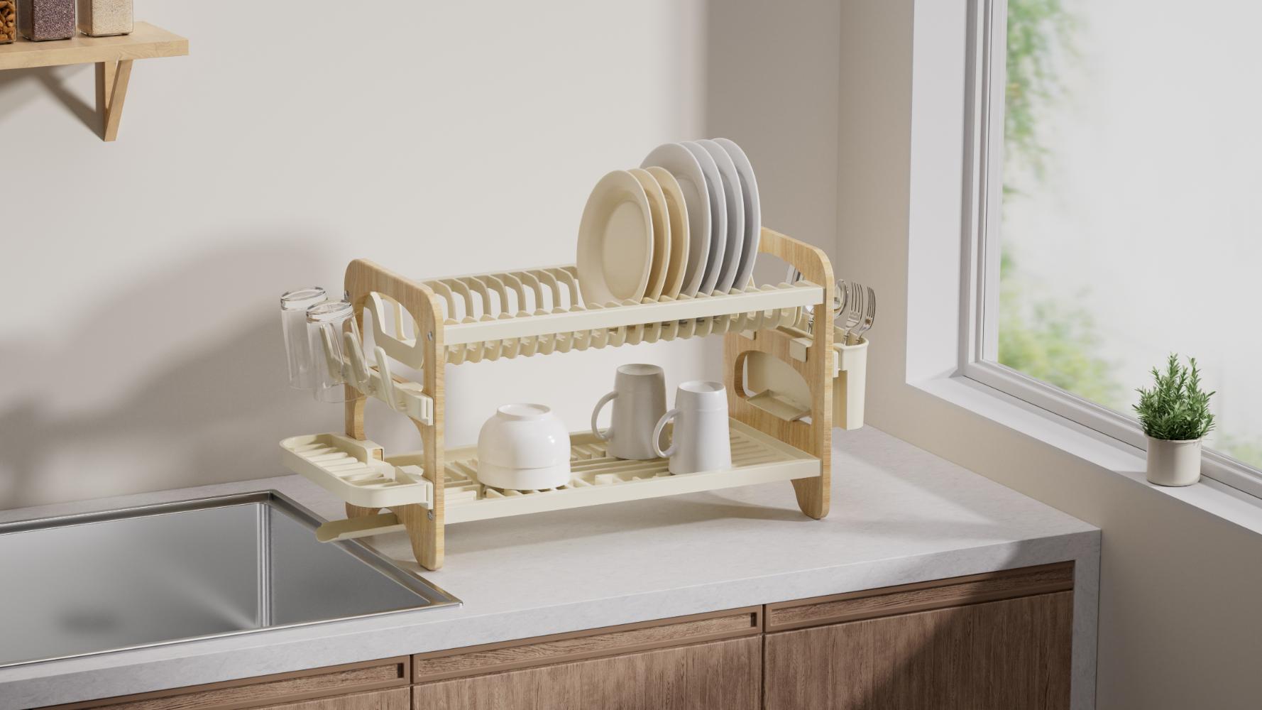 Escurridor De Platos Escurora, Madera y Beige, de 2 niveles