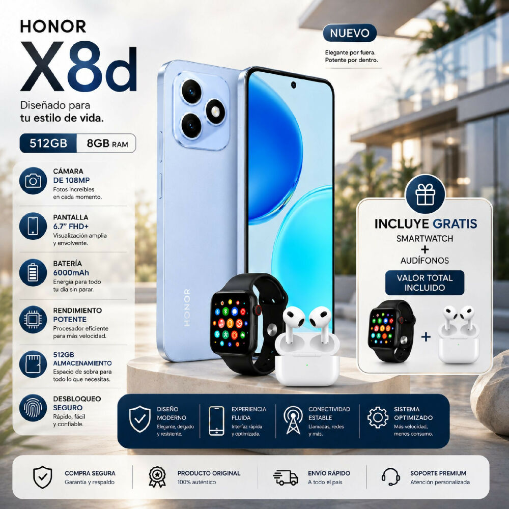 Celular Honor X8D 512GB Azul + Obsequios Smartwatch Y Audífonos