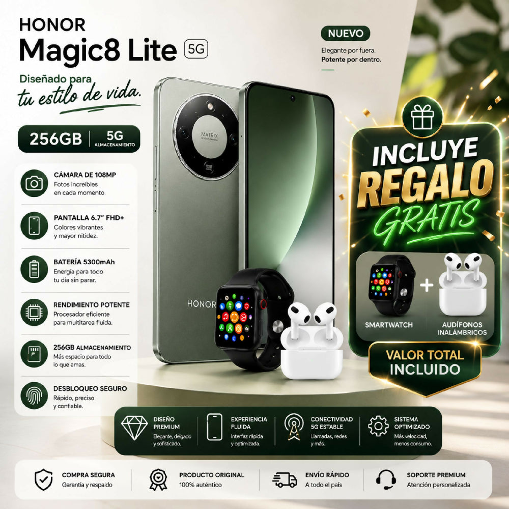 Honor Magic 8 Lite 5g 256gb Verde + Regalo Smartwatch Y Audífonos Bluetooth