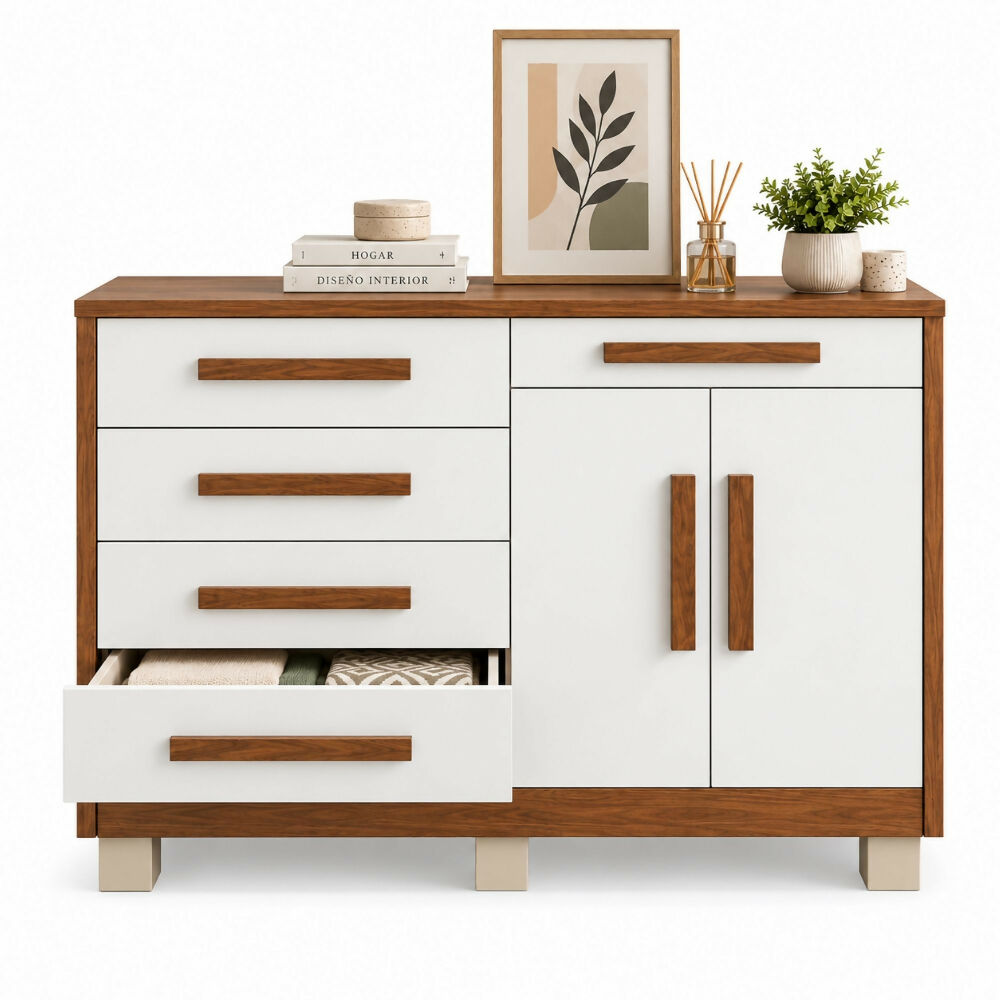 Cómoda 5 cajones 2 puertas Ginesta - Marrón/Blanco apagado