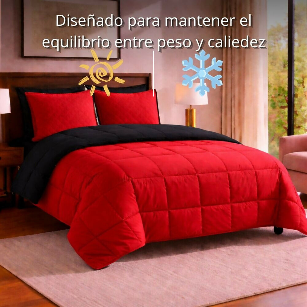 Edredon cubrelecho semidoble doble faz rojo negro