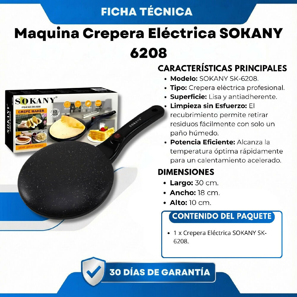 Maquina Crepera Eléctrica Sokany 6208 Antiadherente Y Rápida