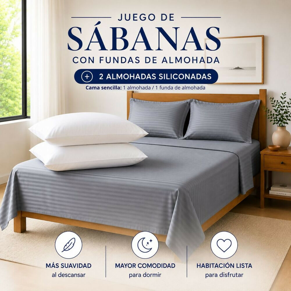 Combo Juego de sábanas + 2 almohadas siliconadas doble gris