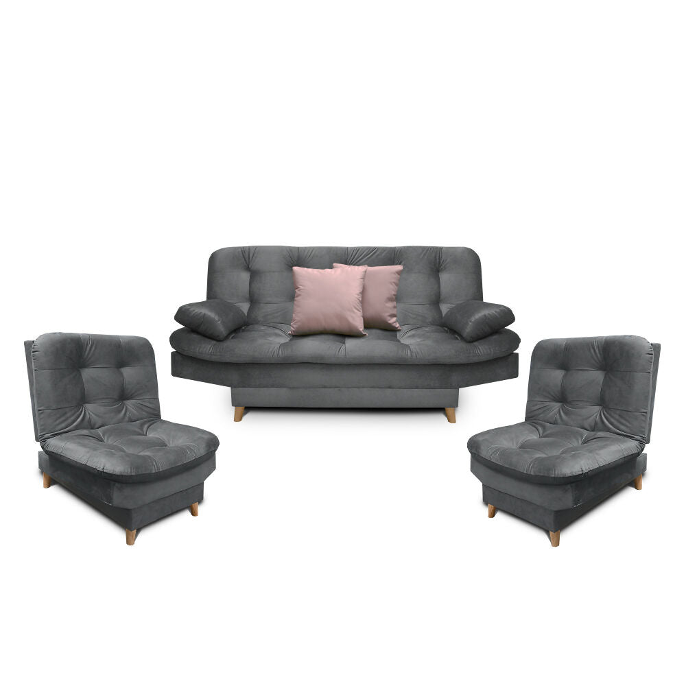 Sala Clic Clac Fendik tela gris + cojines decorativos