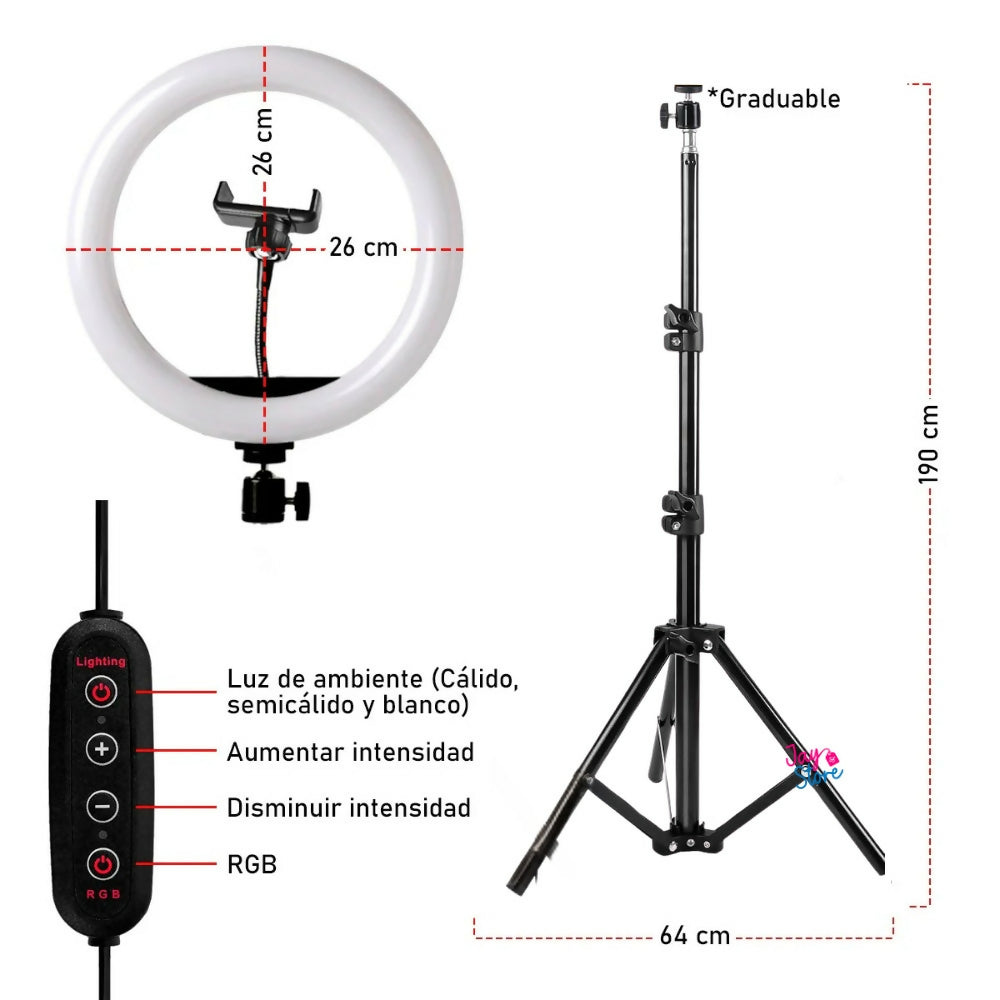 Aro de Luz LED RGB 26cm Trípode 2.1mts Fotografías Selfie