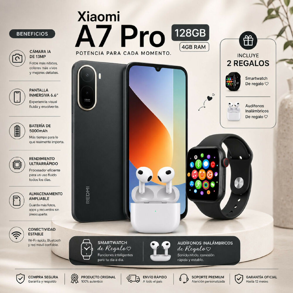 Celular Xiaomi A7 Pro 128GB / 4GB RAM Original Negro + Obsequio Smartwatch Y Audífonos Inalámbricos