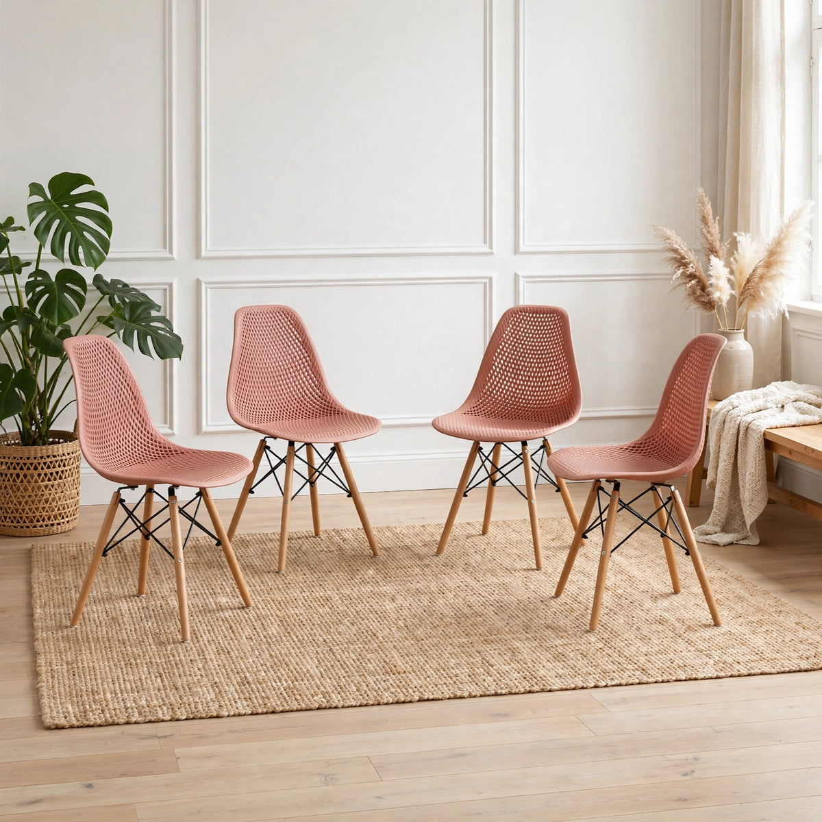 Set de 4 Sillas Aira, Color Salmón, con Espaldar y Patas en Madera