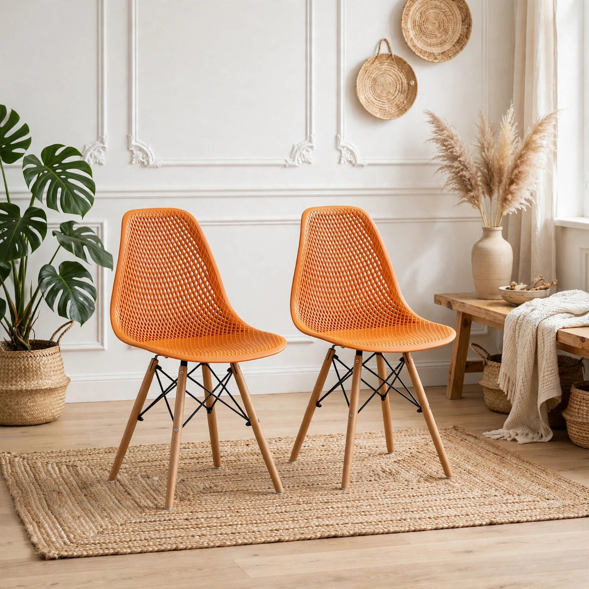 Set de 2 Sillas Aira, Color Naranja, con Espaldar y Patas en Madera
