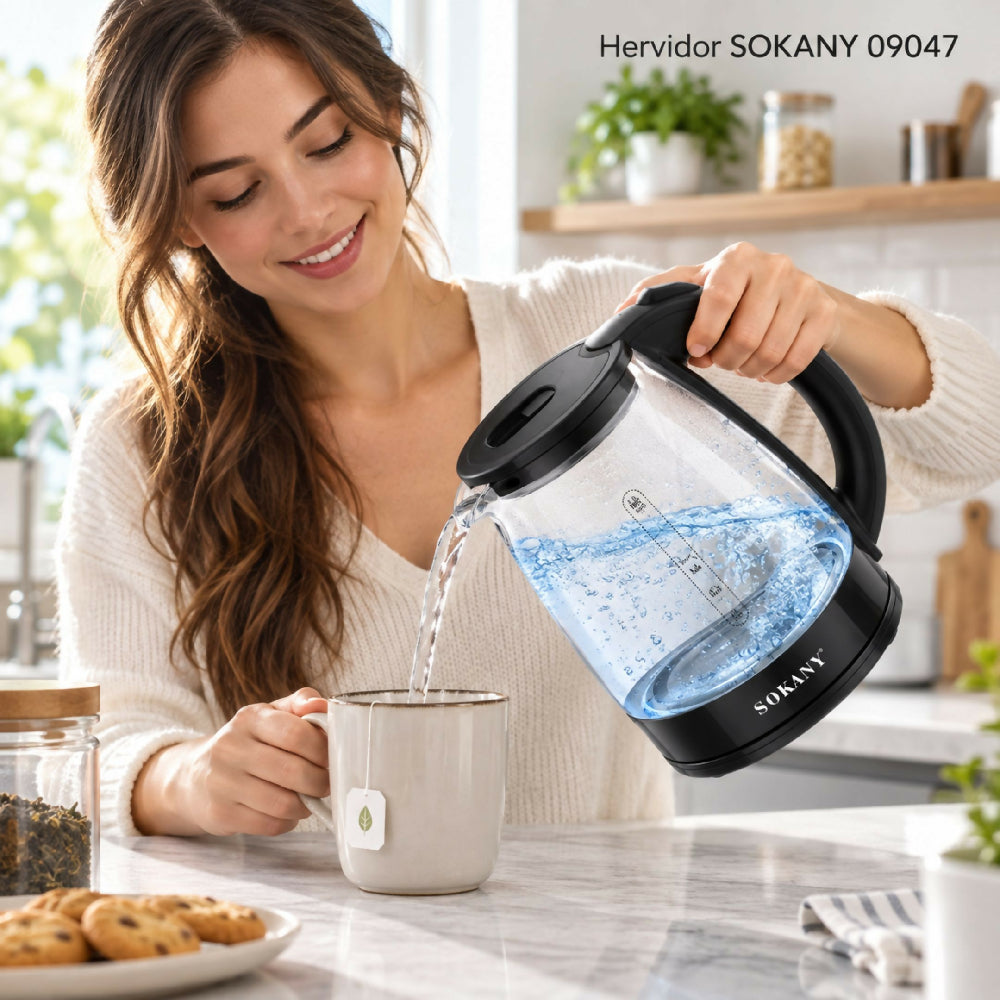 Hervidor De Agua Eléctrico De Vidrio Sokany 2L SK-09047 Ebullición Rápida Y Diseño Transparente
