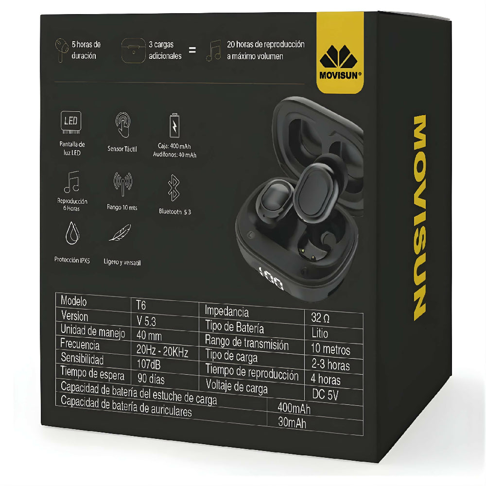 Audífonos Inalámbricos Movisun T6 Con Sonido HD Y Estuche De Carga