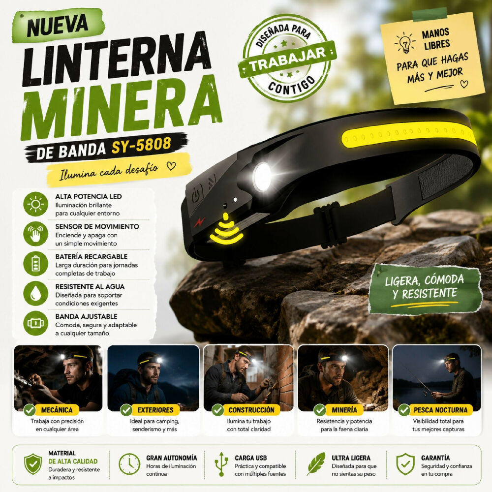 Linterna Minera De Banda SY5808 Potencia LED Recargable Y Banda Elástica Ajustable