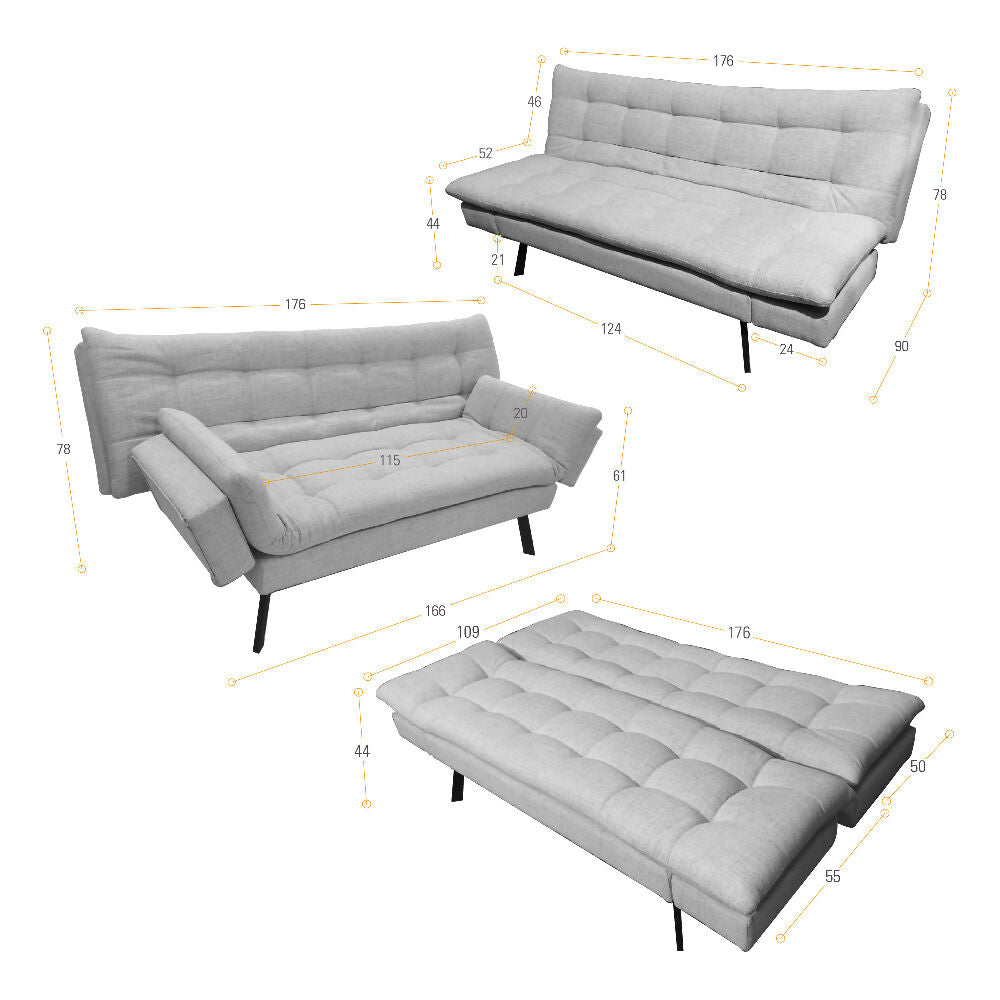 Sofa Cama Milan 176x90x78 Reclinable Tela Gris