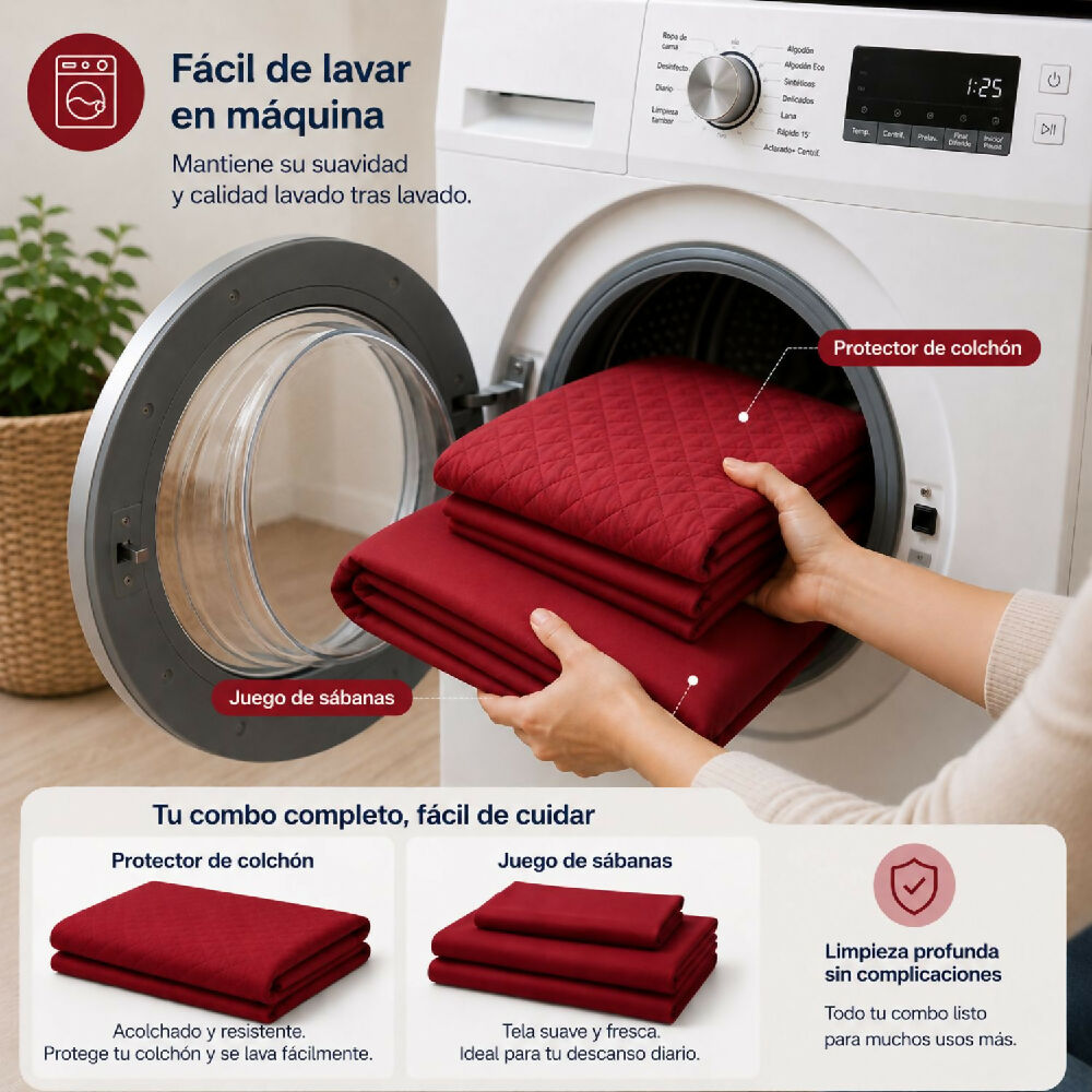 Combo protector colchon + Juego de sábanas doble rojo
